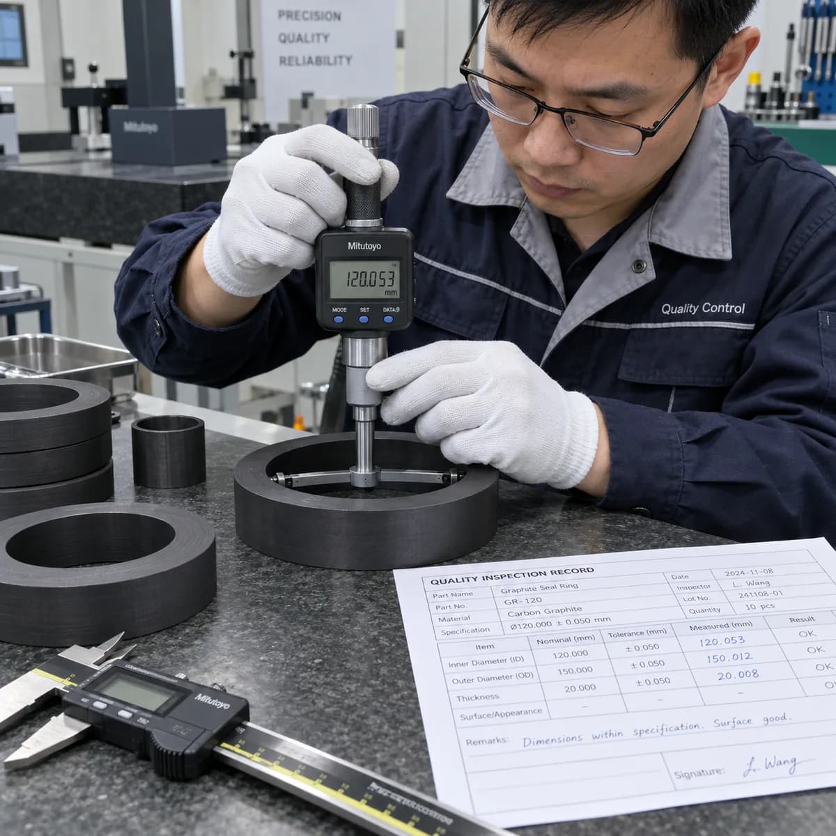 Final dimensional inspection: checking the ring inner diameter, outer diameter and thickness with a bore gauge and calipers against an inspection record