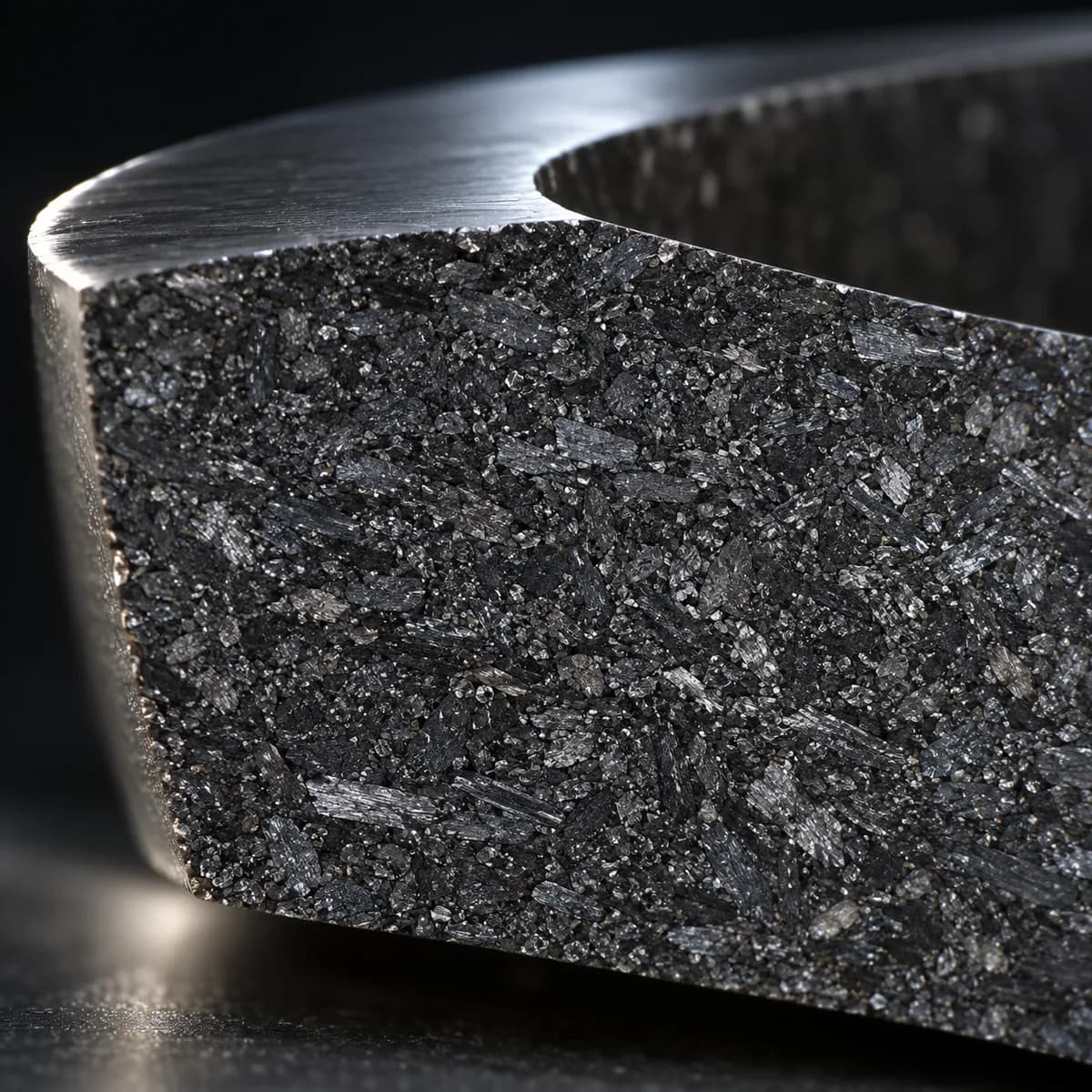 Microstructure of a carbon graphite seal ring cross-section: graphite grains with clearly visible pores between them — the job of impregnation is to fill them