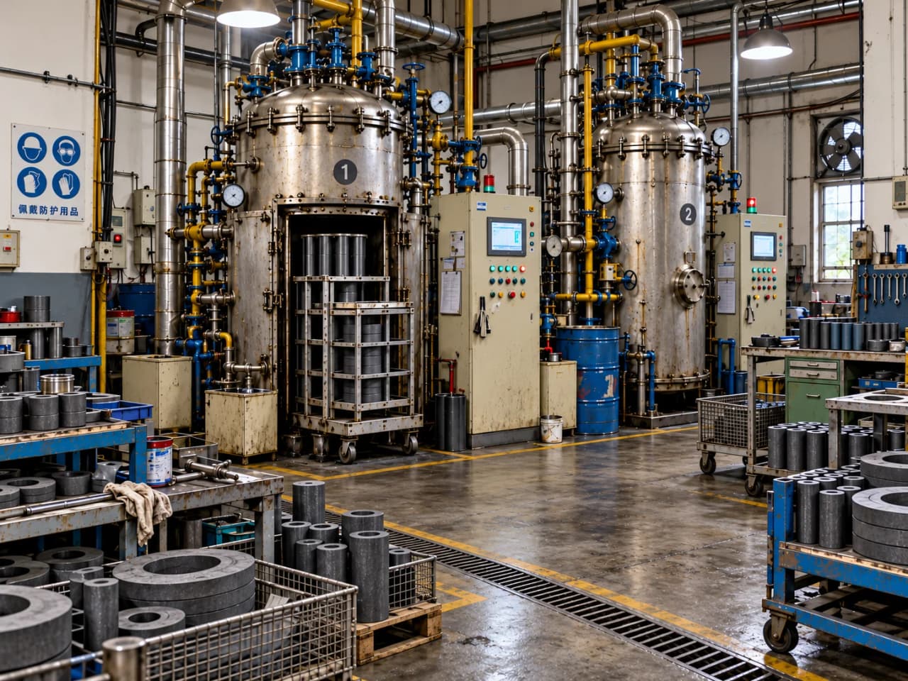 Impregnation workshop — two vacuum-pressure impregnation vessels (No. 1 and 2), with carbon graphite seal rings and bushings awaiting or finishing impregnation in the foreground